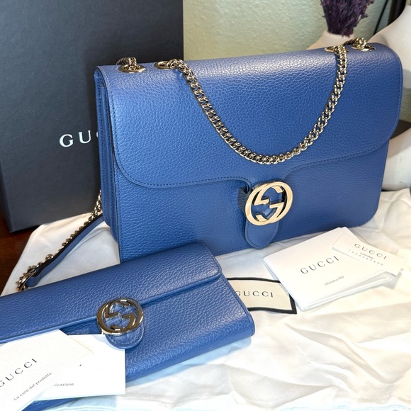 EUC Gucci Medium Leather Dollar Interlocking GG Chain Bag & Matching Wallet - Picture 1 of 17